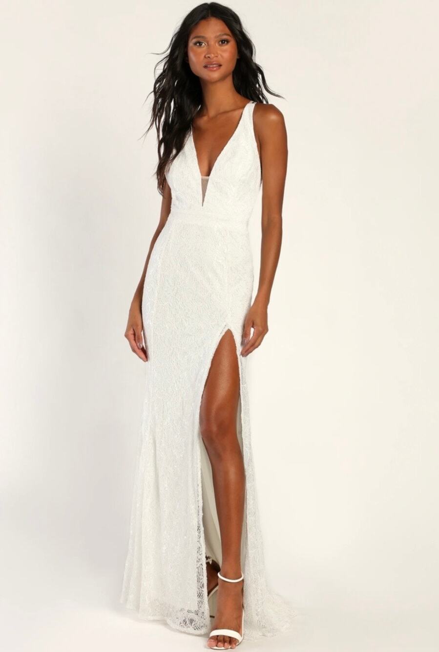 NWOT Lulus Eternally Romantic White Lace Backless Mermaid Maxi Dress Size XS